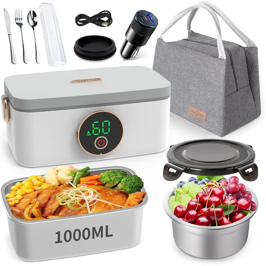 

1L Cordless Electric Lunch Box, Rechargeable Heated and Self Heating Lunchbox with Cutlery and Insulated Lunch Box Bag, Food War