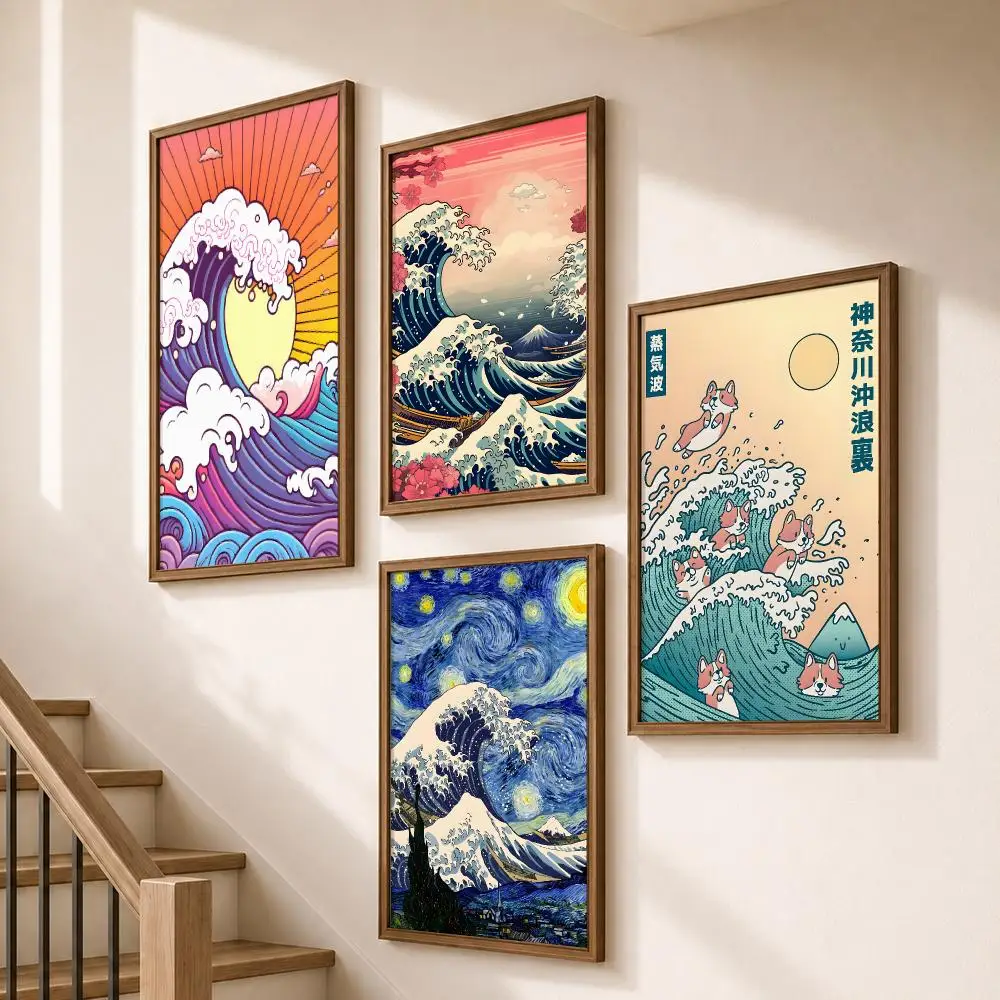 Japanese Great Wave Kanagawa Ukiyoe Poster Modern Aesthetic Wall Art for Home Bar Cafe Bathroom Decor