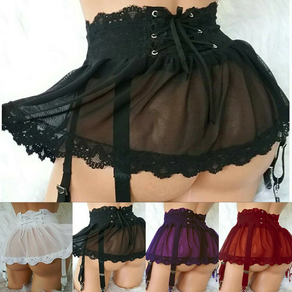 Garter Sabuk Rok Mini Lingerie Wanita Berenda Tali Ruffle Malam Rok Mini Seksi Pinggang Tinggi Renda Perban Gaun Pendek Lingerie