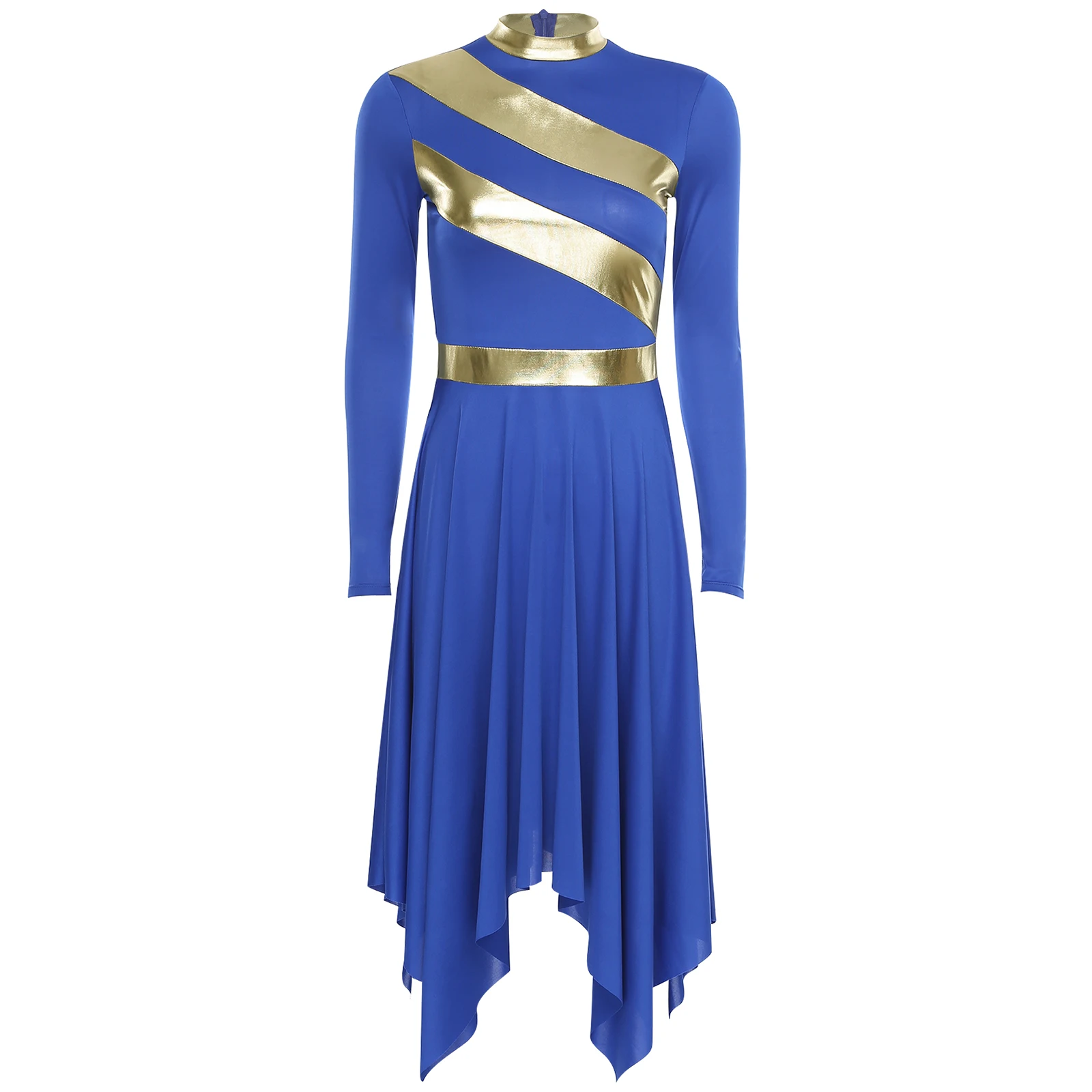 女性用典礼用叙情舞踊ドレス-メタリックパッチワーク-長袖-イレギュラーヘムドレス-礼拝賛美ローブドレス-チュニックコスチューム