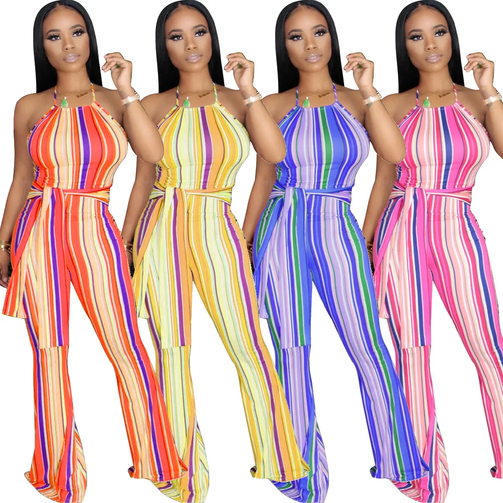 

Color Striped Slim-fit Flared Pants Women's Suspender Jumpsuit 2026 Spring And Summer New Product Fashion Trend Street