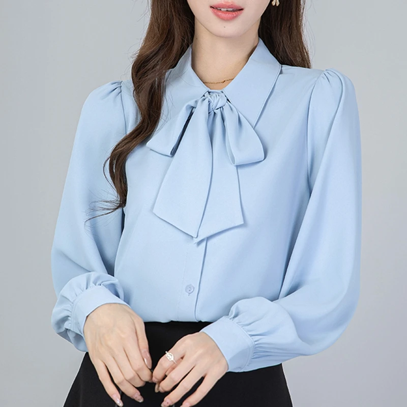 

Office Ladies White Chiffon Work Shirt Women Blouse Elegant Bow Long Sleeve Spring Autumn Party Business Basic Shirt