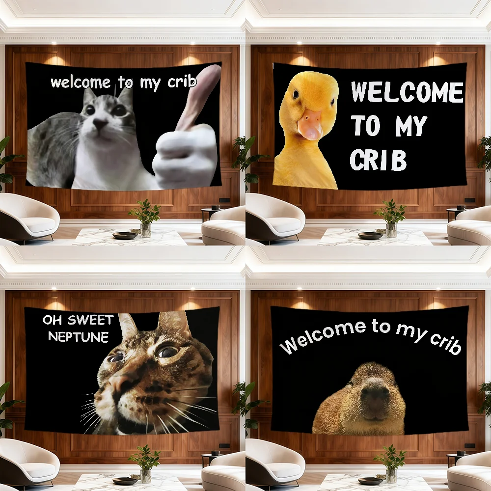 welcome my crib funny meme art cat duck flag Room Dorm Camp Party Garage Bar wall hogar home Decor Banner Wall Hanging Gift