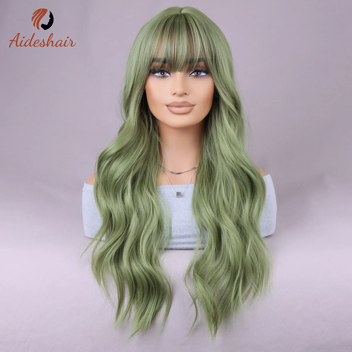 

Aideshair Grass green wavy Fringe wig Natural synthetic heat resistant fiber for everyday party use (14 inches)