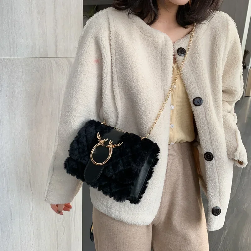 Winter Soft Fur Designer for Women Handbag Deer Lock Chain Plush Shoulder Messenger Crossbody Bags Luxury Female Bolsa Feminina