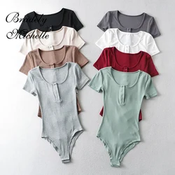 BRADELY MICHELLE Sexy Slim Thin Tops Solid Knit Short Sleeve Bottom Summer Bodysuits Women Summer Rompers