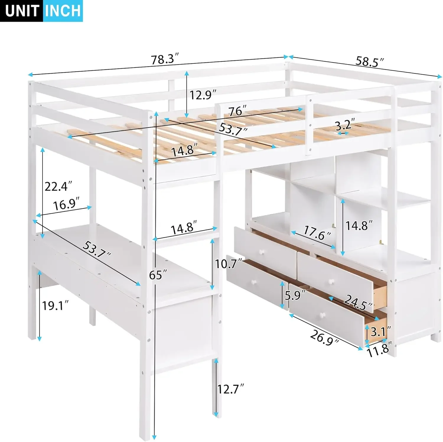 Children Beds Full Loft Bed with Built-in Desk Drawers Cabinets and Storage Shelves Wooden High Bedframe Ladder Full Size White