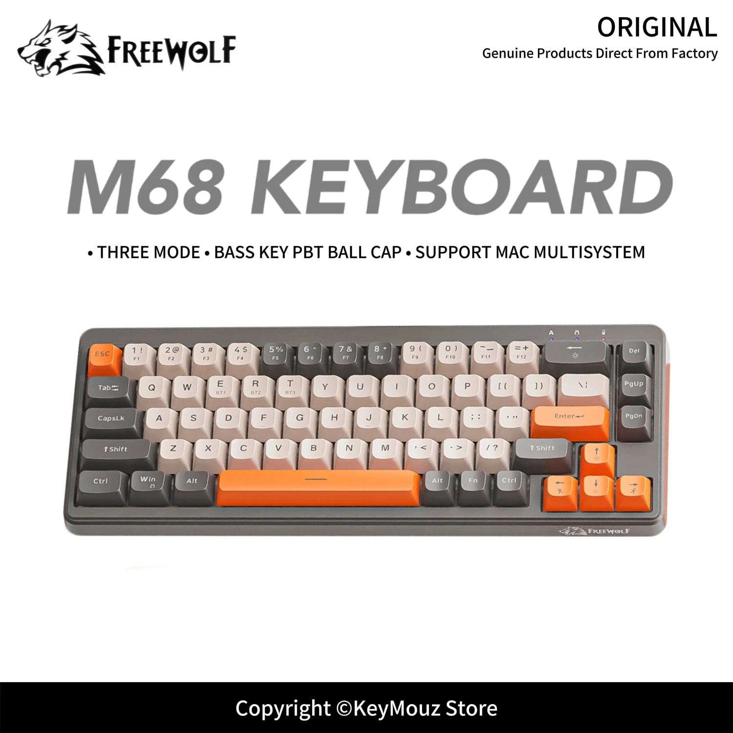 M68 Bluetooth Gaming Keyboard FREEWOLF 2000mAh Battery Multi-Device PBT Keycaps Ergonomic for PC Laptop Work