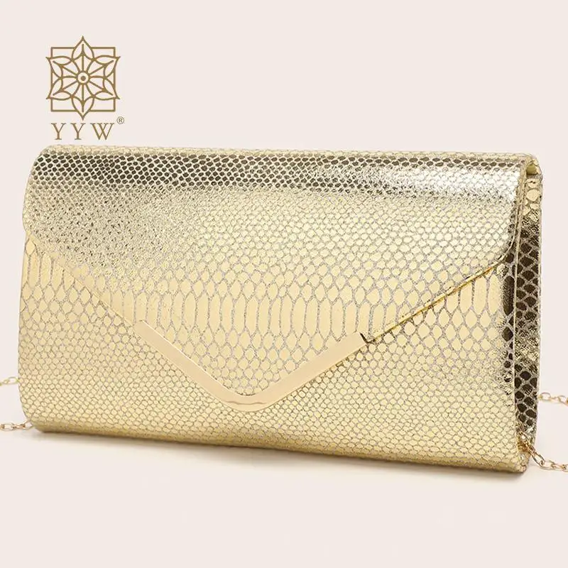 Snake Pattern Envelope Clutch Handbag Gold Silver Ladies Chain Shoulder Bags Female Wedding Party Clutches Mini Messenger Purse