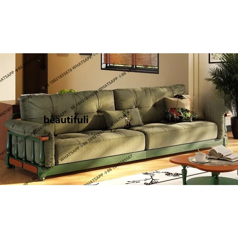 

H French retro sofa small apartment living room straight row antique solid wood fabric sofa