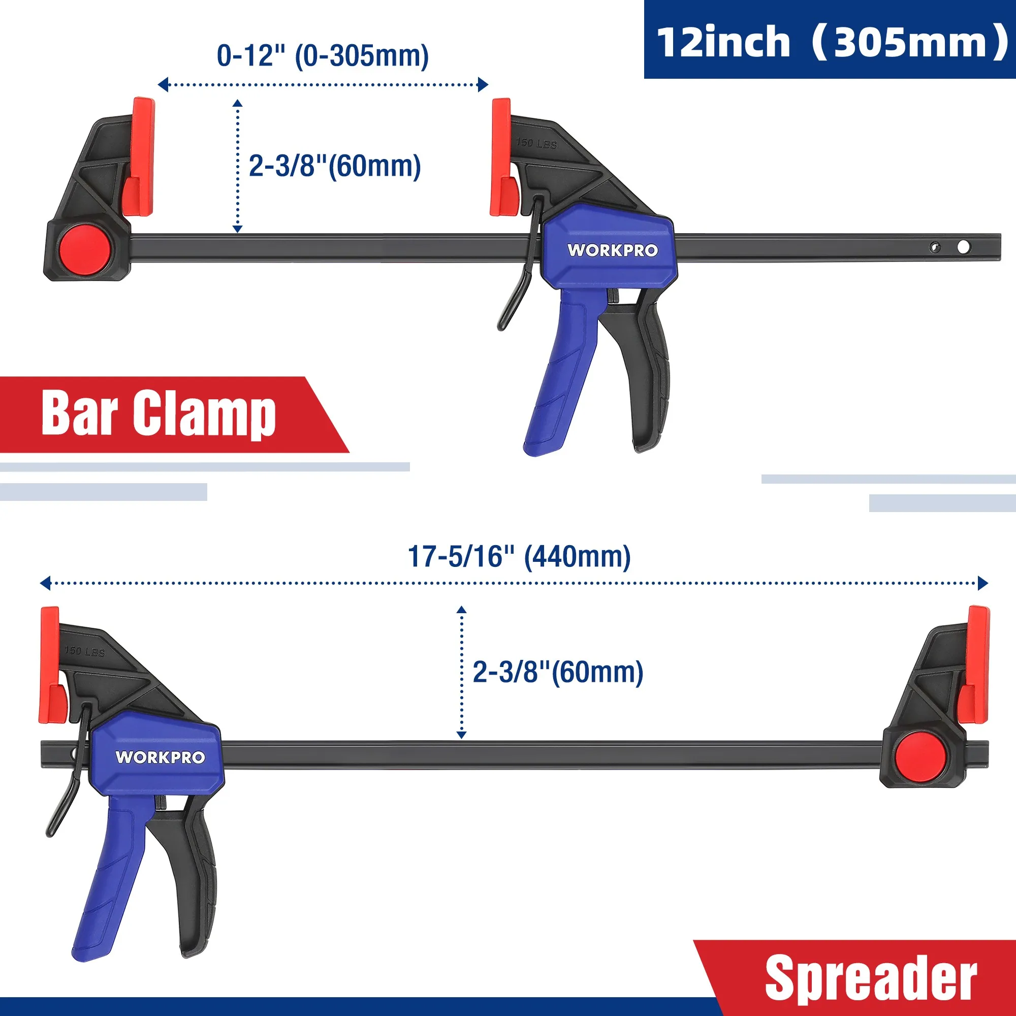 Zaciski stolarskie WORKPRO, jednoręczne zaciski/rozpieracze do drewna, zestaw zacisków do drewna 6-calowych i 12-calowych, lekkie i precyzyjne