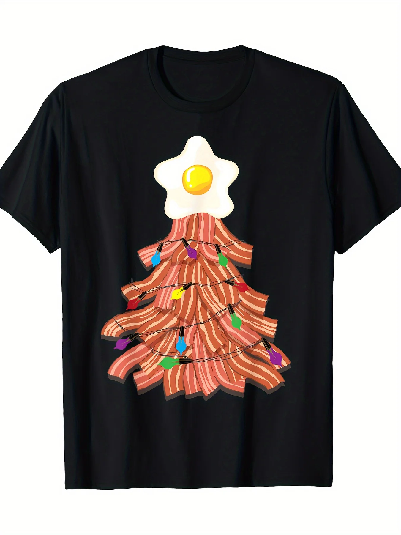

Bacon Christmas Tree Egg Star Graphic Tee Men Funny Breakfast Print Casual Cotton T-Shirt