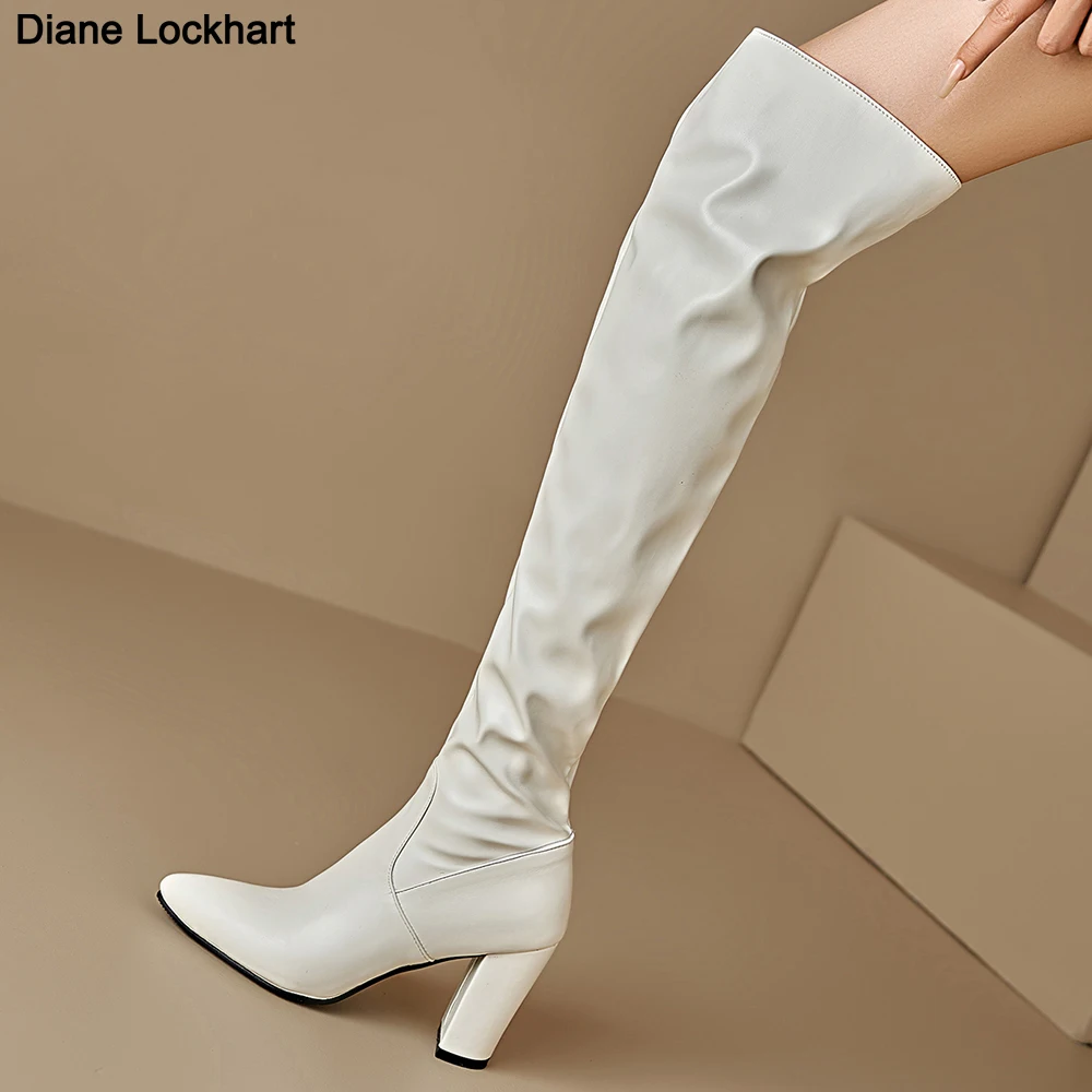

White Slim Thigh High Boots Women Over The Knee Boots Winter Pointed Toe thick Heel High Heel Shoes for Woman Skirt Boottes 2025