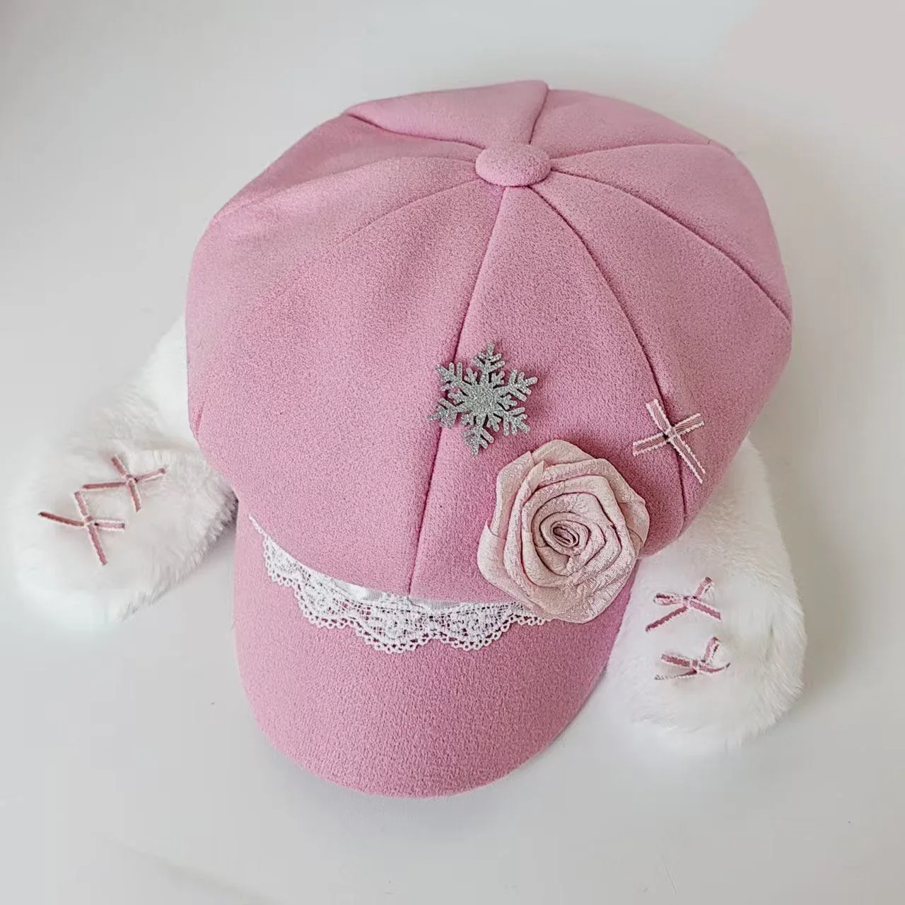 Japanese Sweet Y2k Rose Subculture Pink Rabbit-eared Octagonal Hat Children Lolita Plush Cute Painter Hat Woman 5