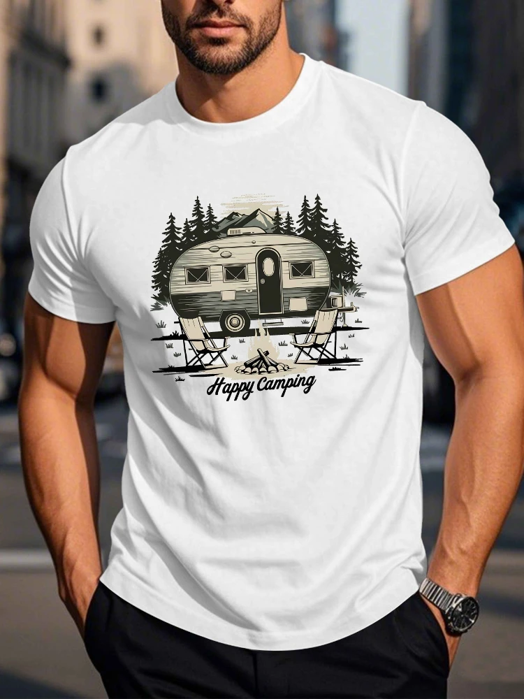 

Happy Camper Graphic with Forest and RV Design-100% cotton summer casual O-neck short sleeve printed men's T-shirt.