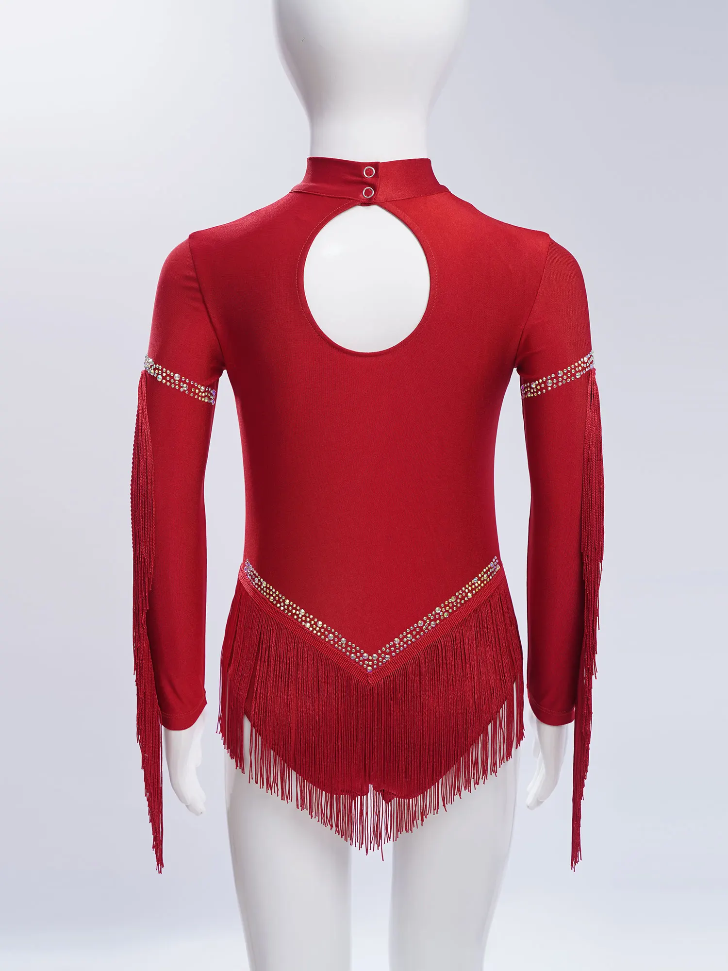 Girls Tassels Latin Dance Leotard Cha-Cha Performance Costume Long Sleeve Rhinestones Fringe Ballroom Samba Dance Leotard Dress