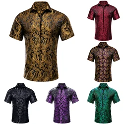 Hi-Tie Short Sleeves Silk Mens Shirts Jacquard Floral Paisley Spring Summer Button Shirt Comfortable Male Wedding Business Party