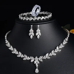 ZAKOL Luxury Brilliant Zirconia Leaf Necklace Earrings Rings Bracelets Set for Women CZ Drop Bridal Wedding Jewelry Sets New