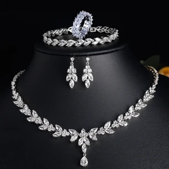 ZAKOL luxury shiny zirconia leaf necklace earrings ring bracelets set for women CZ drop bridal wedding jewelry set new