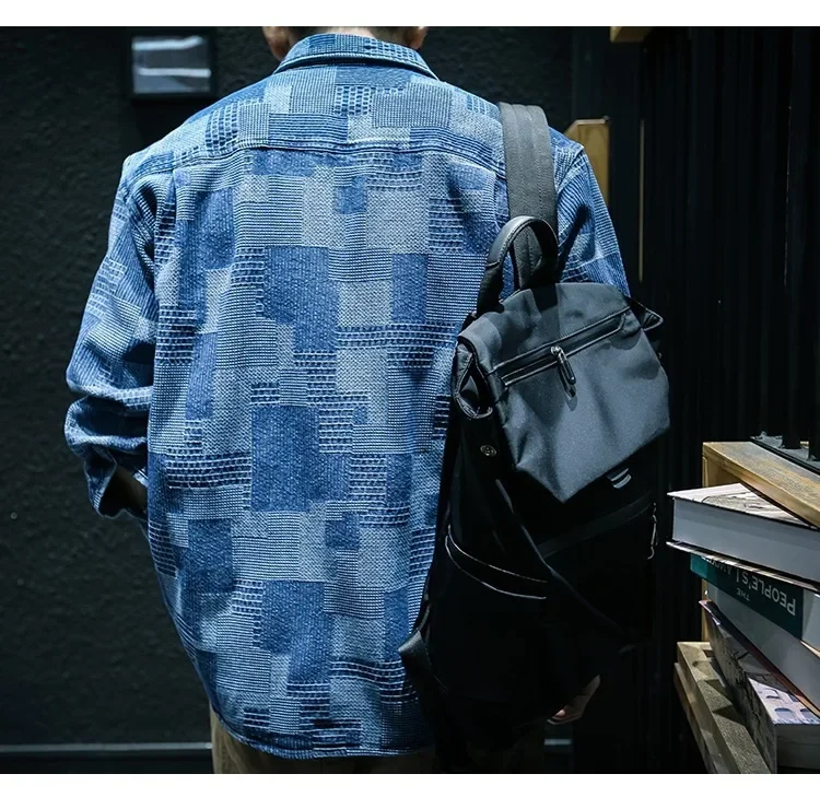 Retro Plaid Long Sleeved Denim Shirt For Men Fashion Loose Cargo Shirt Jacket Coat Y2k Streetwear Korean Trend Men Clothing