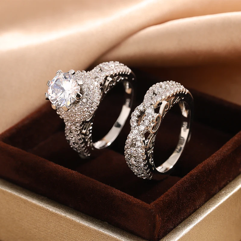 

925 Stamp Trendy Wedding Rings for Women New Fashion Design 2Pcs AAA Cubic Zirconia Rings Engagement Bands Party Sets Jewelry