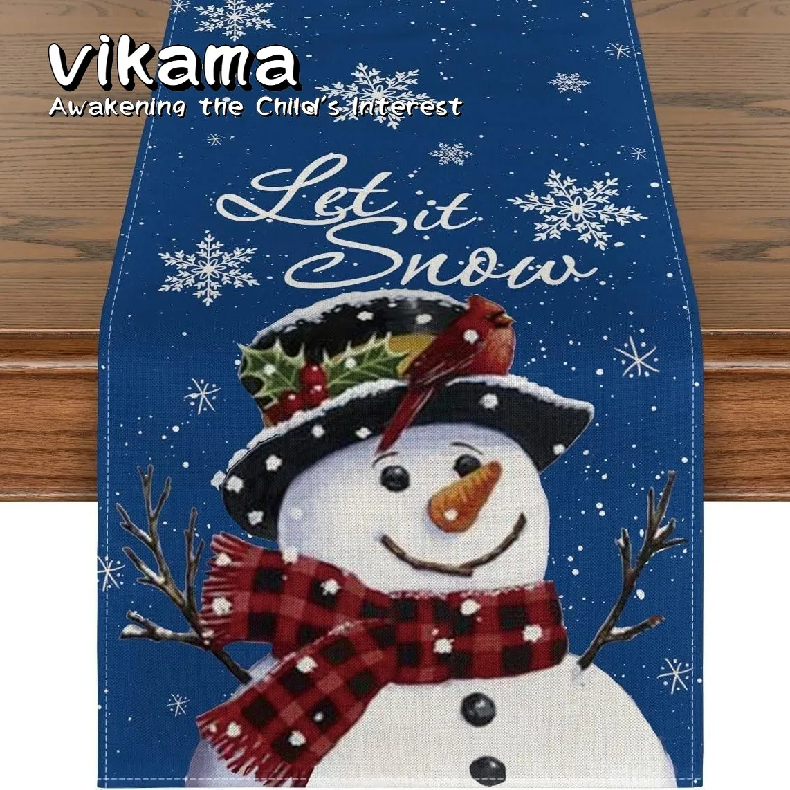 VIKAMA Weihnachts-Tischläufer, roter Schneemann und Weihnachtsmann-Aufdruck, Weihnachtsdekoration für Esszimmer und Couchtisch, Tischset aus Leinen