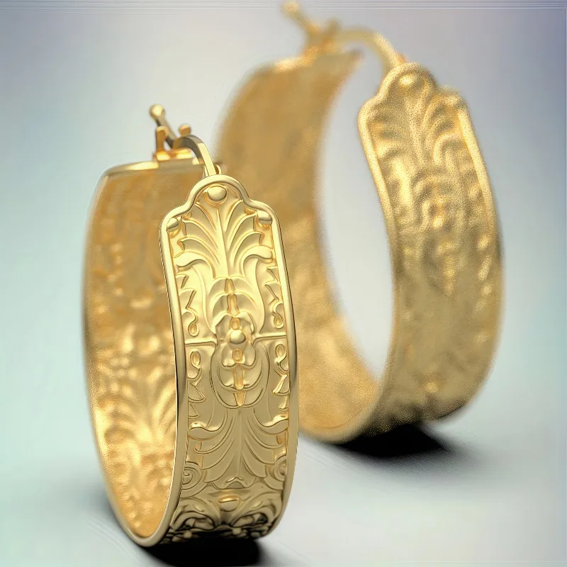Vintage Goldfarbene Creolen Damen-Ohrringe Metall Handgeschnitztes Muster für Party und Alltag