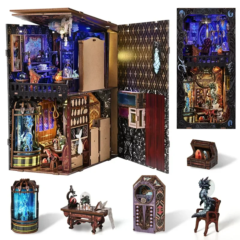 DIY Book Nook Kit Monster Collection Wooden Bookshop Dollhouse with Light Bookshelf Insert 3D Puzzle Decor for Gift