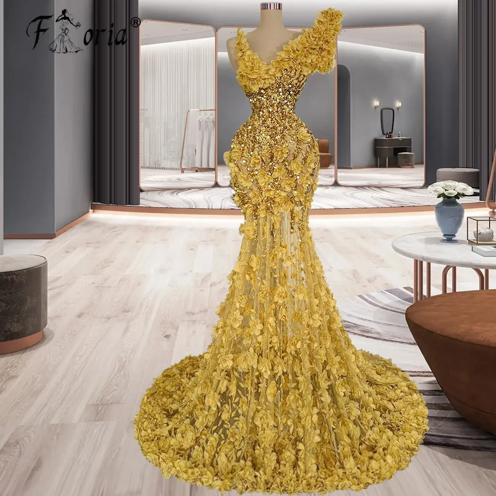 Vestido Gala Luxury Beads Mermaid Evening Dresses Cotur Gold Crystal Dubai Appliques Party Prom Gown robe pailletée femme soirée