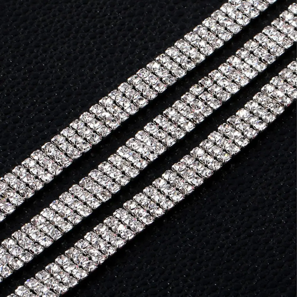 Applique Glass Chain Silver Beautiful DIY 1 Yard Rhinestone 1-row 2-row 3-row Trim Crystal