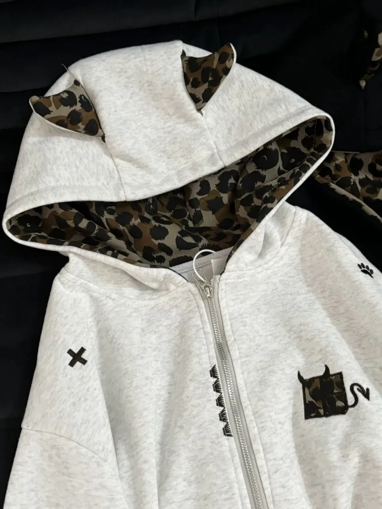 Herbst Winter Leopard Print Patchwork Mit Kapuze Sweatshirt Frauen Casual Lose Zipper Jacke Y2k Harajuku Mode Oberbekleidung Tops Neue