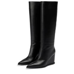 Sexy Women's Knee High Boots Genuine Leather 2024 Trend INS Long Chelsea Boot Brand Black Wedge Heels Autumn Winter Shoes Ladies