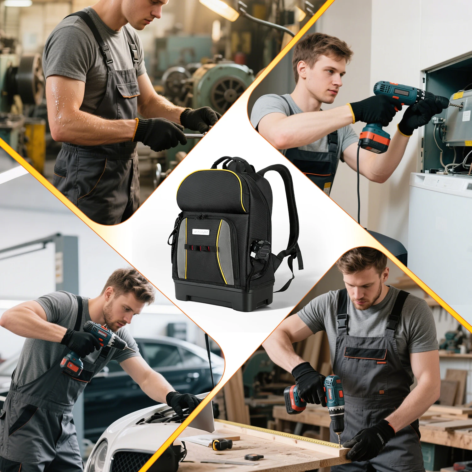 WINHUT，Tool Backpack with Hard Base and 27 Storage Compartments for Large-Capacity Storage (with Black Base and Yellow Trim)