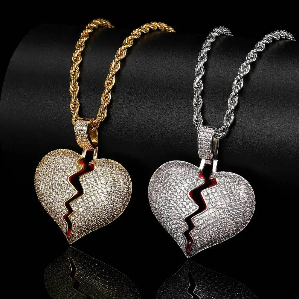 

Hip-hop Jewelry Copper Inlaid Zircon Love Pendant Trendy Brand Personalized Male and Female Couple Heartbreak Pendant Necklace