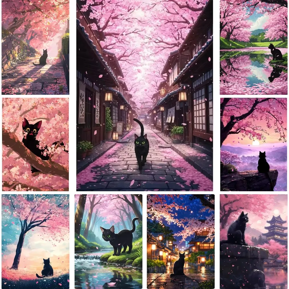 Décoration Murale Paysagère Multi-Émotions : Printemps, Anime, Art Diamant, Chat Noir, Sakura, Canal, Temple, Coucher de Soleil, Montagne – Cadeau pour la Maison