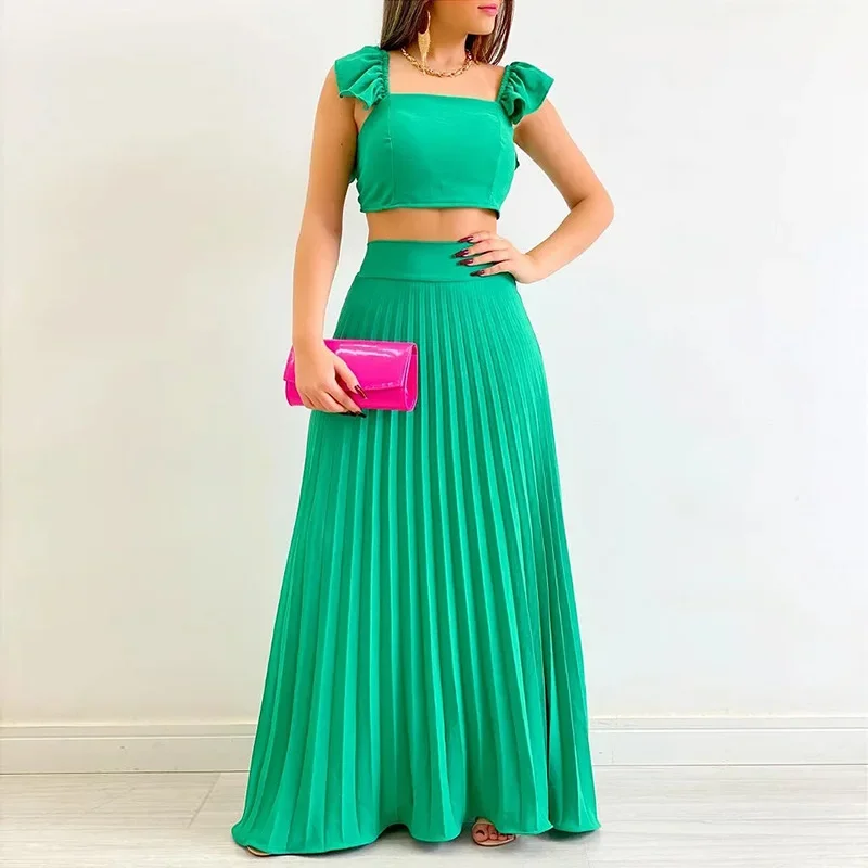 Women\'s Clothing Summer New Solid Color Short Tank Top & High Waist Pleated Long Skirt Fashion Casual 2pcs Clothes Set