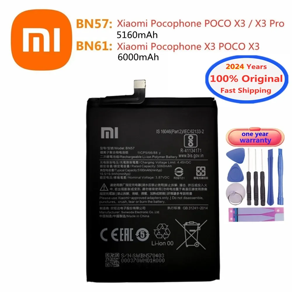 

2024 Years BN61 BN57 100% Original Battery For Xiaomi Pocophone X3 POCO X3 Pro NFC Mobile Phone Batteries In Stock + Tools