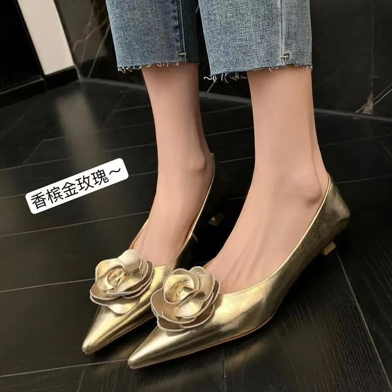 New Flashion Women Heels Loafers Elegant Woman Shoes Low Heels Wedding  Bride Pointed Toe Silver Gold Rose Evening Party Shoes
