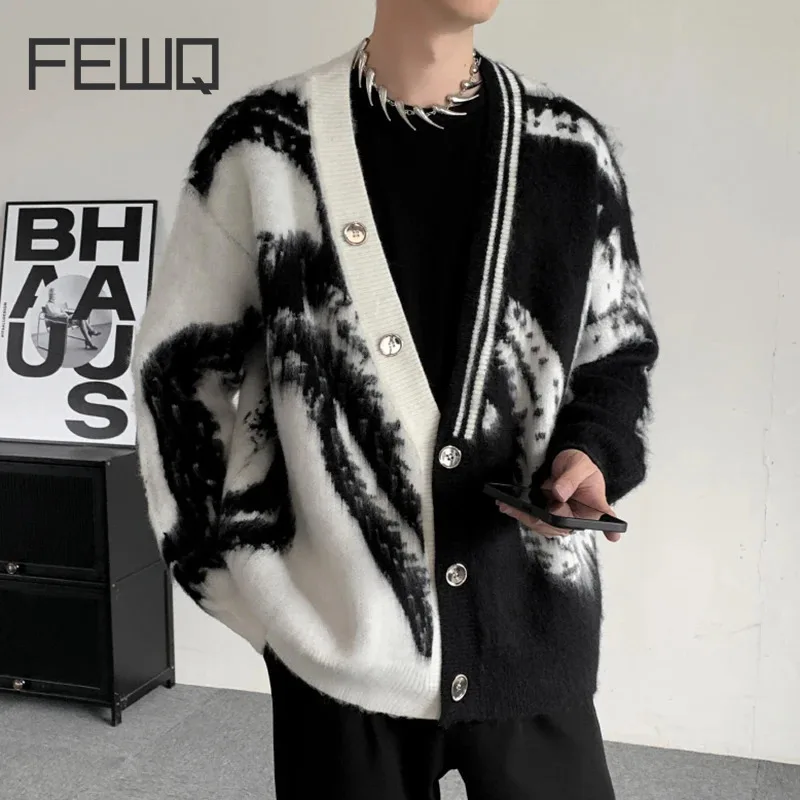 FEWQ Winter Tie Dye Knit Men Cardigan Jacket Thick Loose Sweater 2024 Contrast Color Single Breast Long Sleeve Male Tops