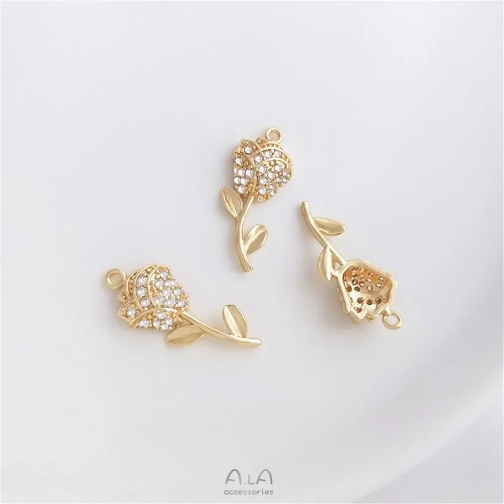 Zircon micro - inlaid 14K gold retaining tulip rose pendant flower pod pendant DIY hand necklace earrings pendant