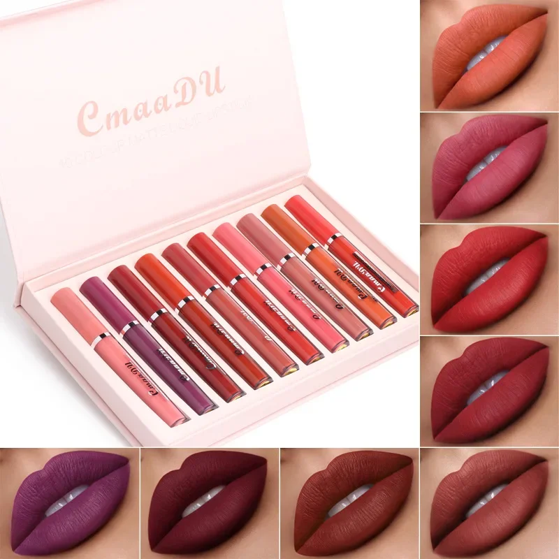 CmaaDu New Dazzle 10Pcs/Set Box Nude Matte Lipstick Lip Gloss Makeup Silky-Smooth Long Lasting Matte Lip stick Lipgloss Cosmetic