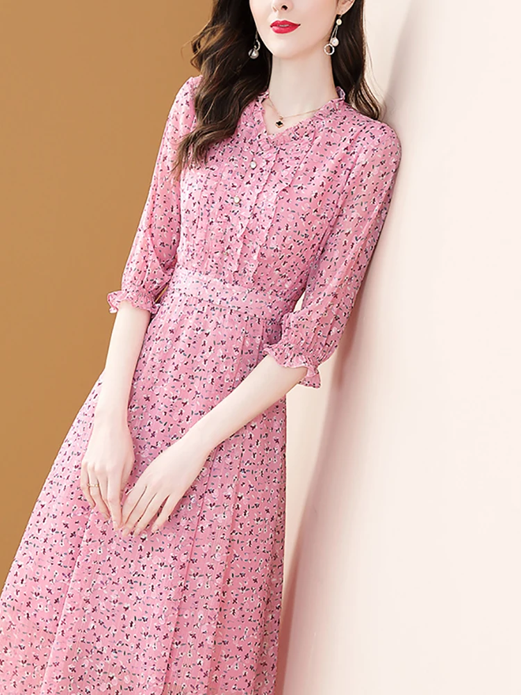 EVNISI Pink Floral Chiffon Dresses Women 2022 Spring And Summer New Temperament A-line V-Neck Print Sweet Vestidos For Women