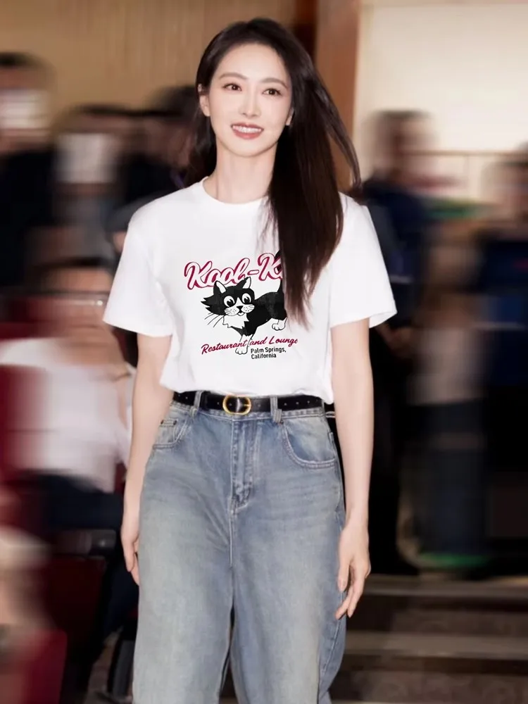 

Cute Print round Neck T-Shirt Women's Fashionable Summer New Arrival Short Sleeve Casual Style Regular Length EXJR Brand
