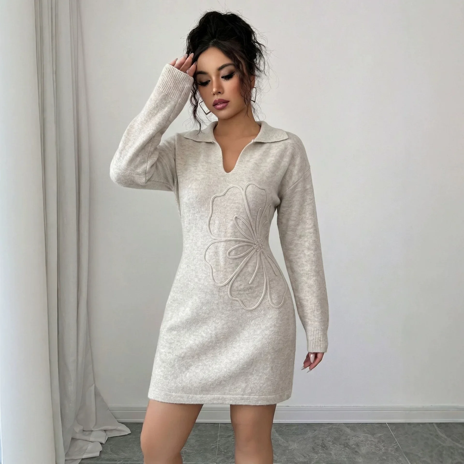 Polo Women's 3D Flower Knit Dress Long Sleeve Slim Fit Bodycon Mini Trendy Fashion Classic Cozy Elegant Luxe Hot Newest Dress
