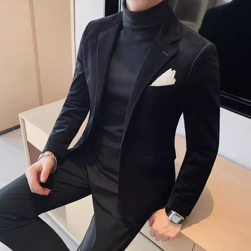 

Men's Wool Suit Jacket 2025 High Quality Fashion One Grain Single Breasted Velvety Casual Solid Color Single West Fork