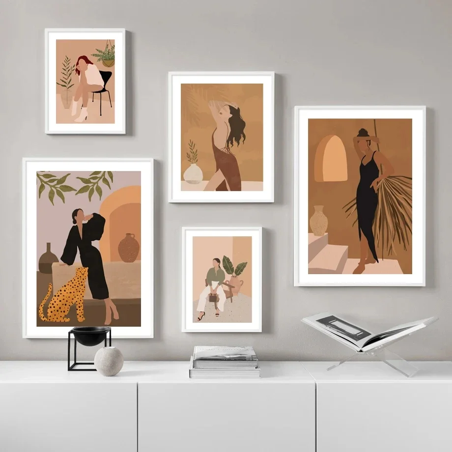 

Bohemia Minimalist Abstract Woman, Palm Leaf Wall Mural Art Print, Canvas Painting, Nordic Poster, Decor Picture, Living Room