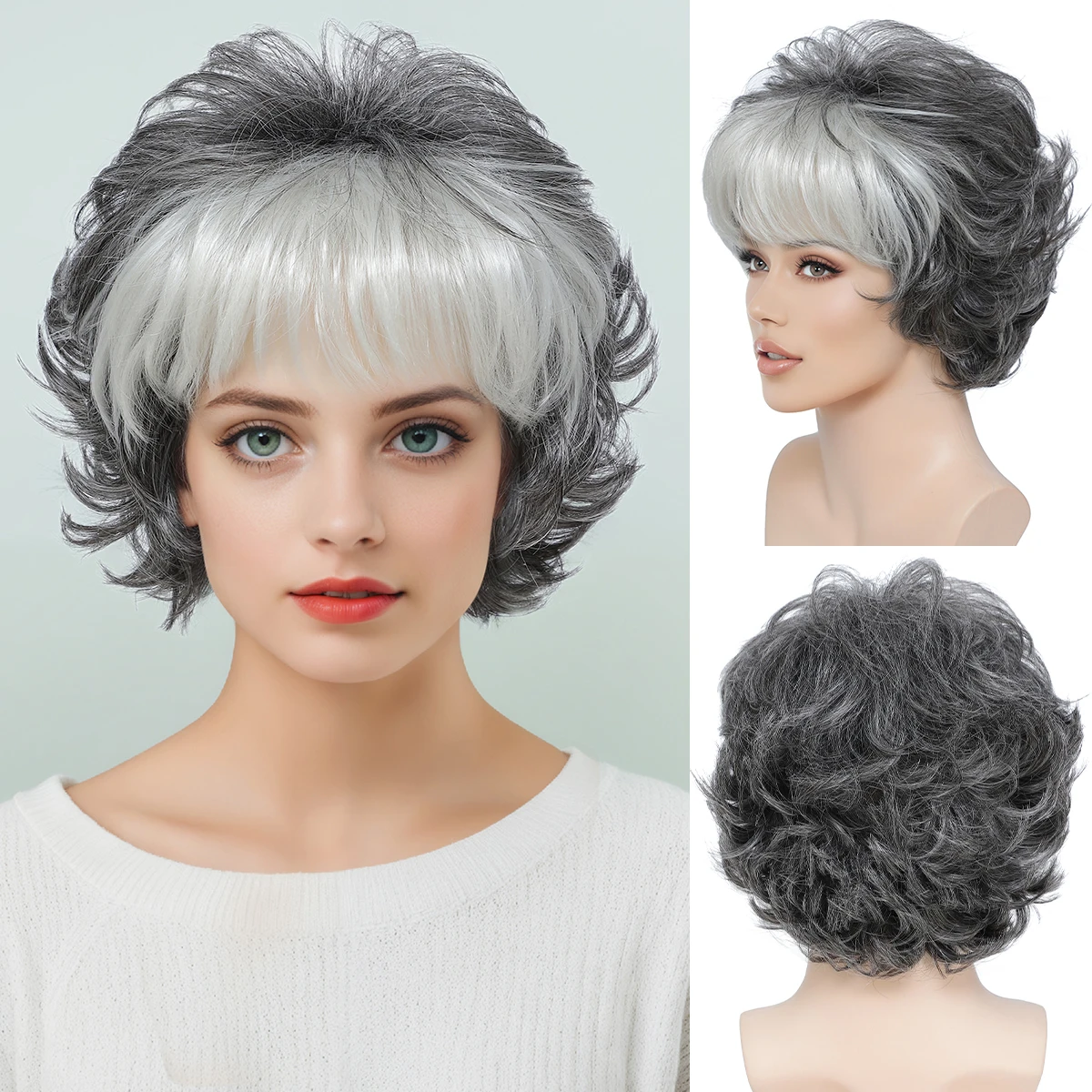 

Women Wig 2 Tones Grey White Synthetic Short Layered Curly Hair Puffy Bangs Synthetic fiber wig