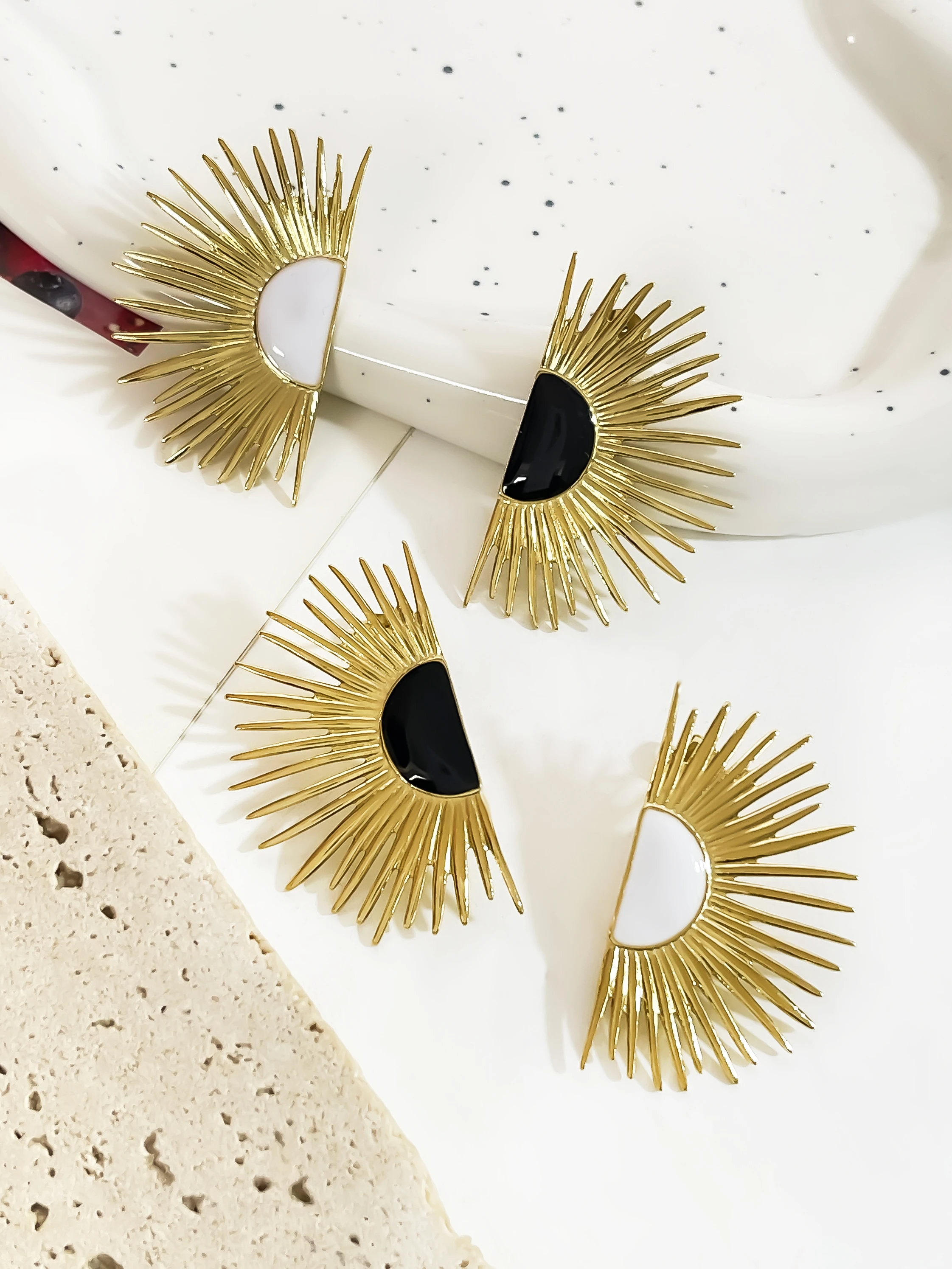 Peri\'sbox Trendy Statement Enamel Sunflower Symmetric Stud Earrings for Women Stainless Steel Geometric Fan-shape Earring Summer