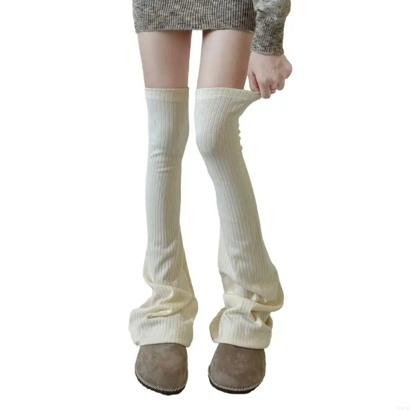 L5YC 여성용 무릎 플레어 레그 워머 골지 니트 허벅지 높은 긴 양말