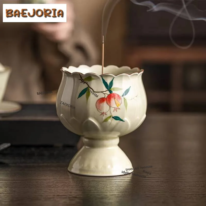 Hand Drawn Pomegranate High Foot Incense Burner Ru Kiln Aromatherapy Furnace Home Indoor Insertion Base Tea Ceremony Accessories